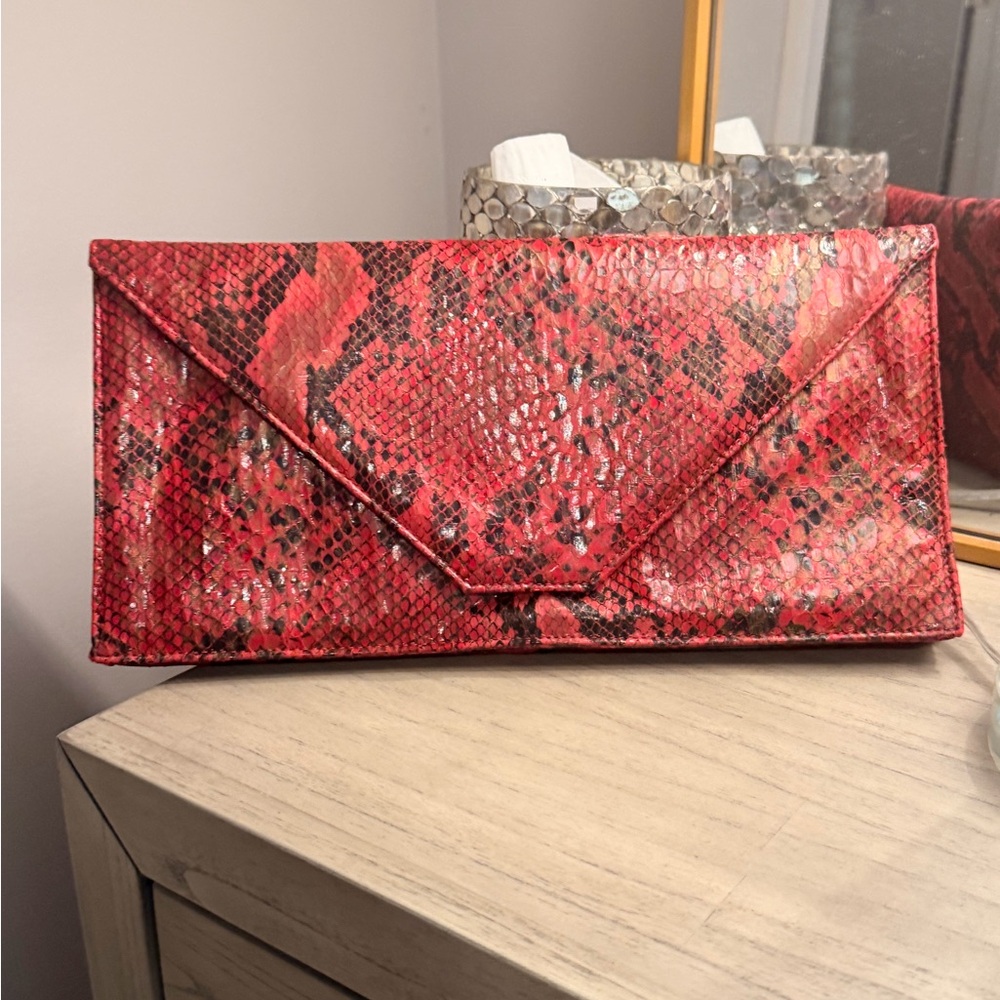 Red Snakeskin Envelope Clutch